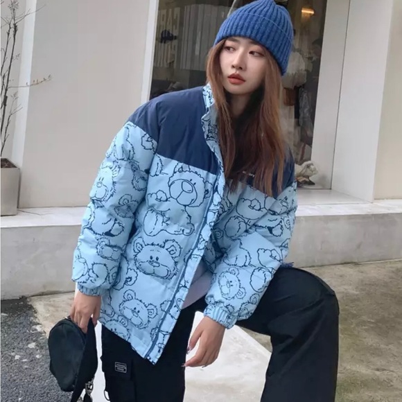Cartoon Bear Print Oversized Jacket Loose Crop Puffer and Korean Knitted Beanie - Picture 9 of 14